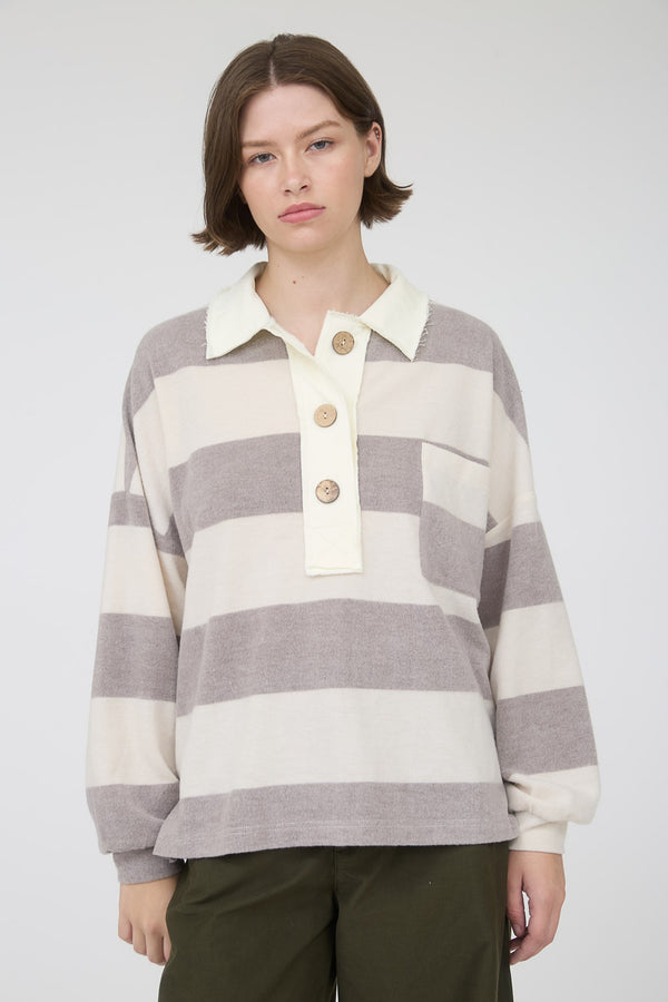 Washed Stripe Contrast Collar Long Sleeve Knit Top in Charcoal