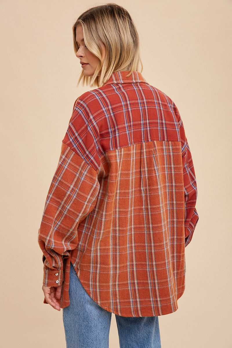 GARMENT WASHED TWO TONE PLAID BUTTON DOWN in Rust mix - Final Sale