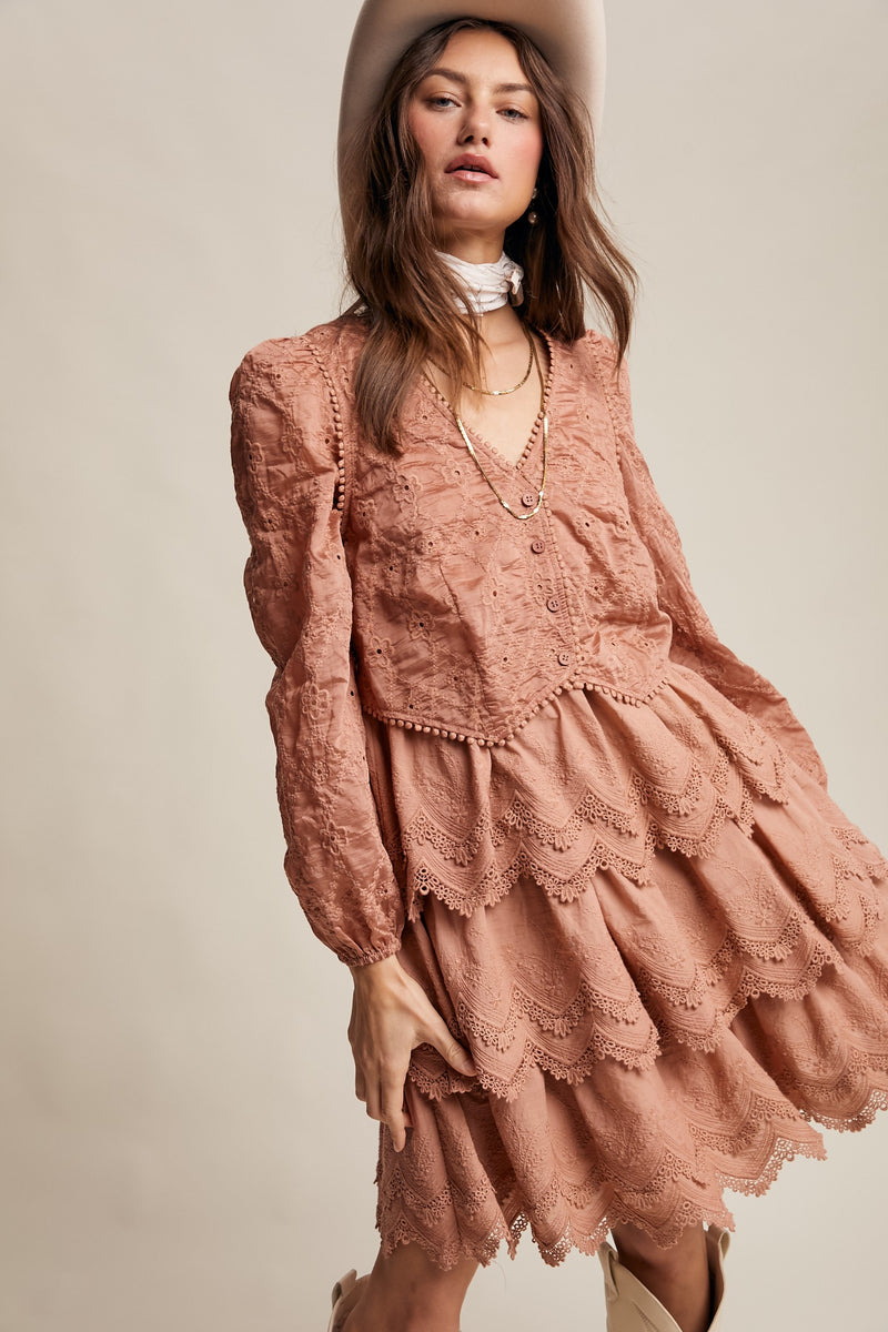Tiered Scallop Embroidered Mini Dress in Terracotta