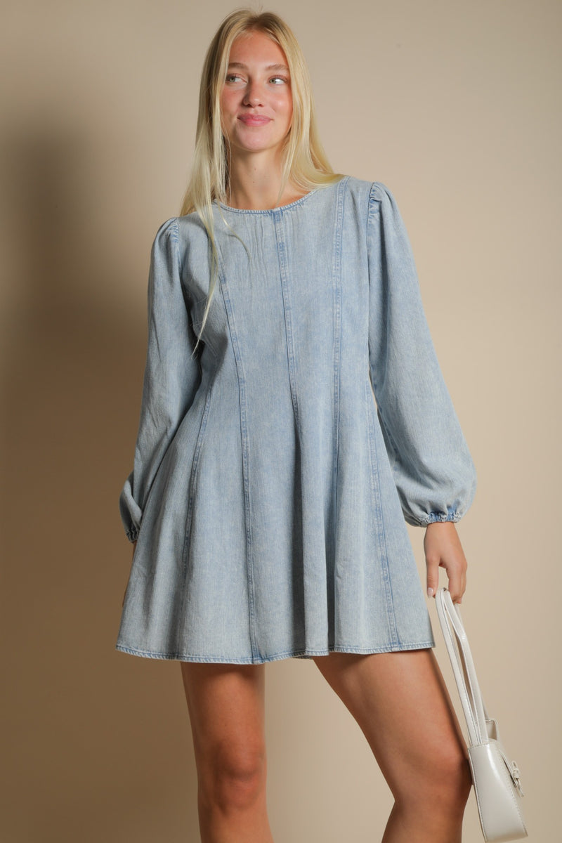 Mineral Washed Denim Seam Detail Mini Dress in Denim