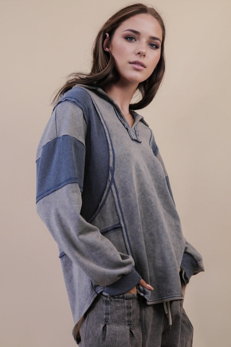 Mineral Washed Oversized French Terry Knit Top in Denim