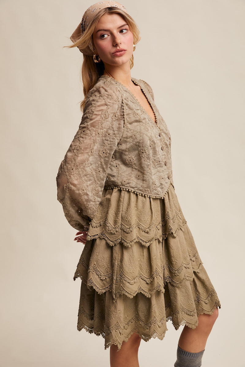 Tiered Scallop Embroidered Mini Dress in Olive