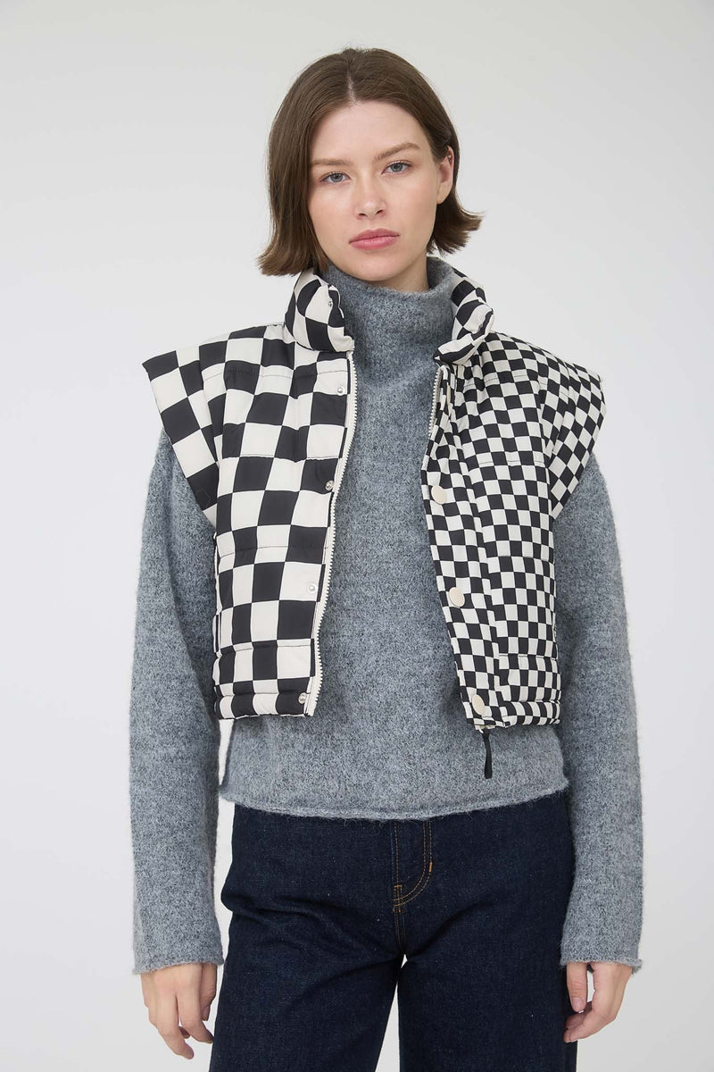 Checkered Cropped Zip-up Puffer Vest in Black