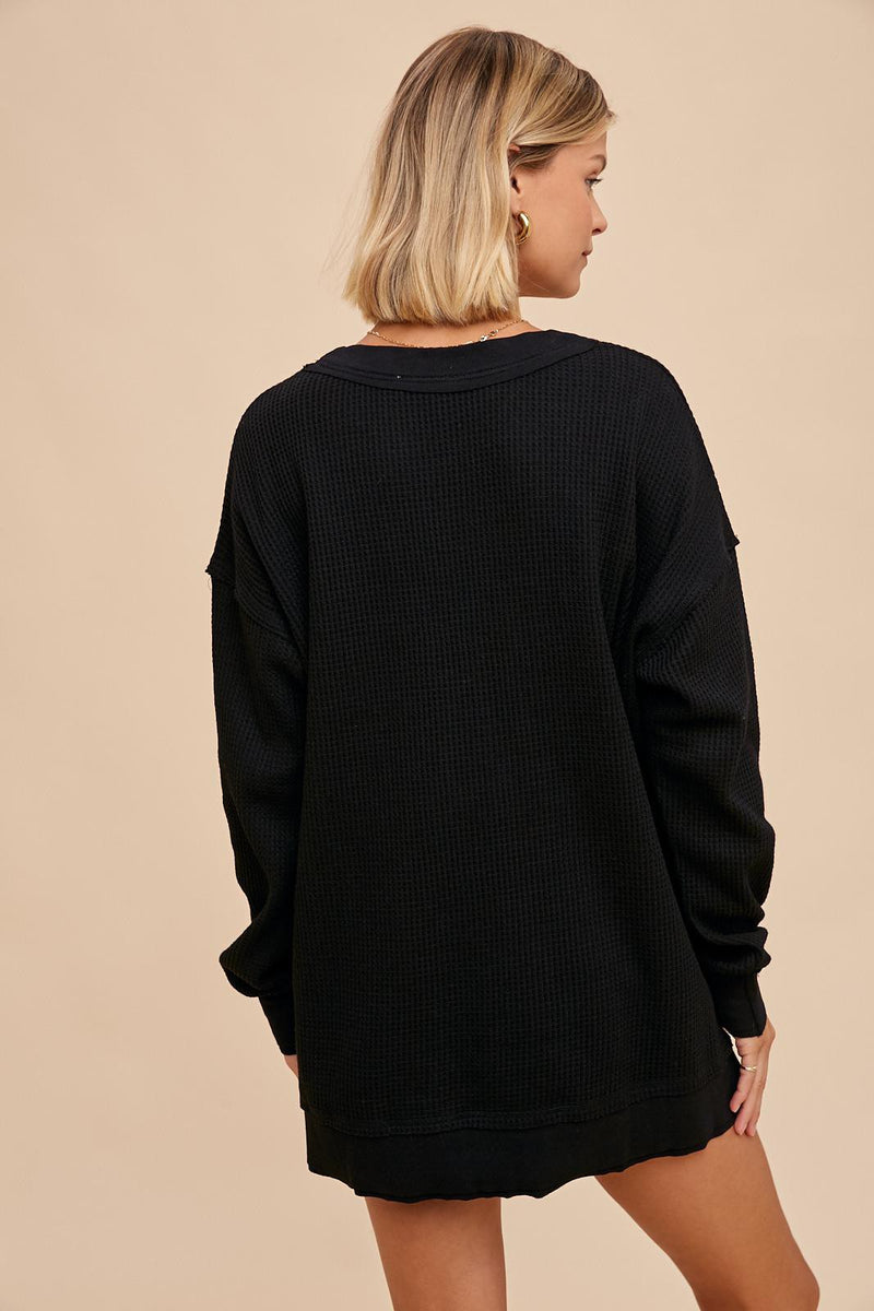 THERMAL KNIT HENLEY WITH TORTOISE BUTTONS in Black