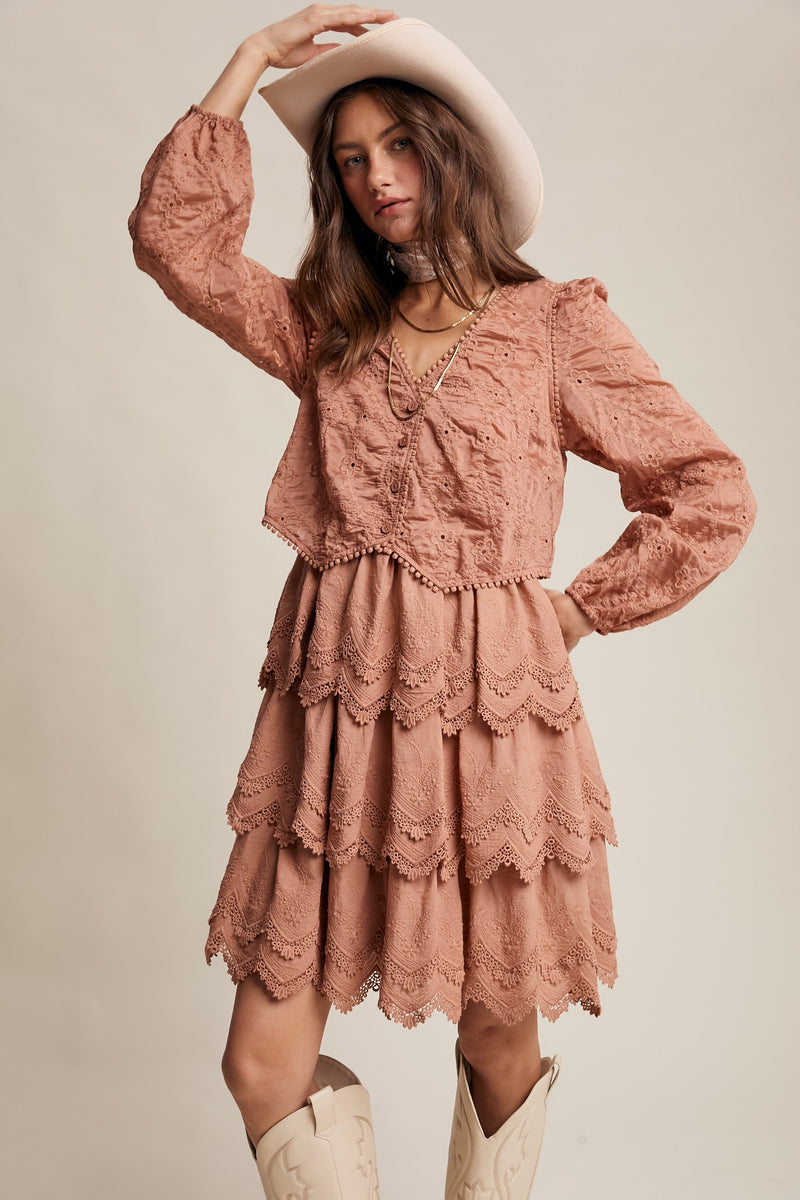 Tiered Scallop Embroidered Mini Dress in Terracotta