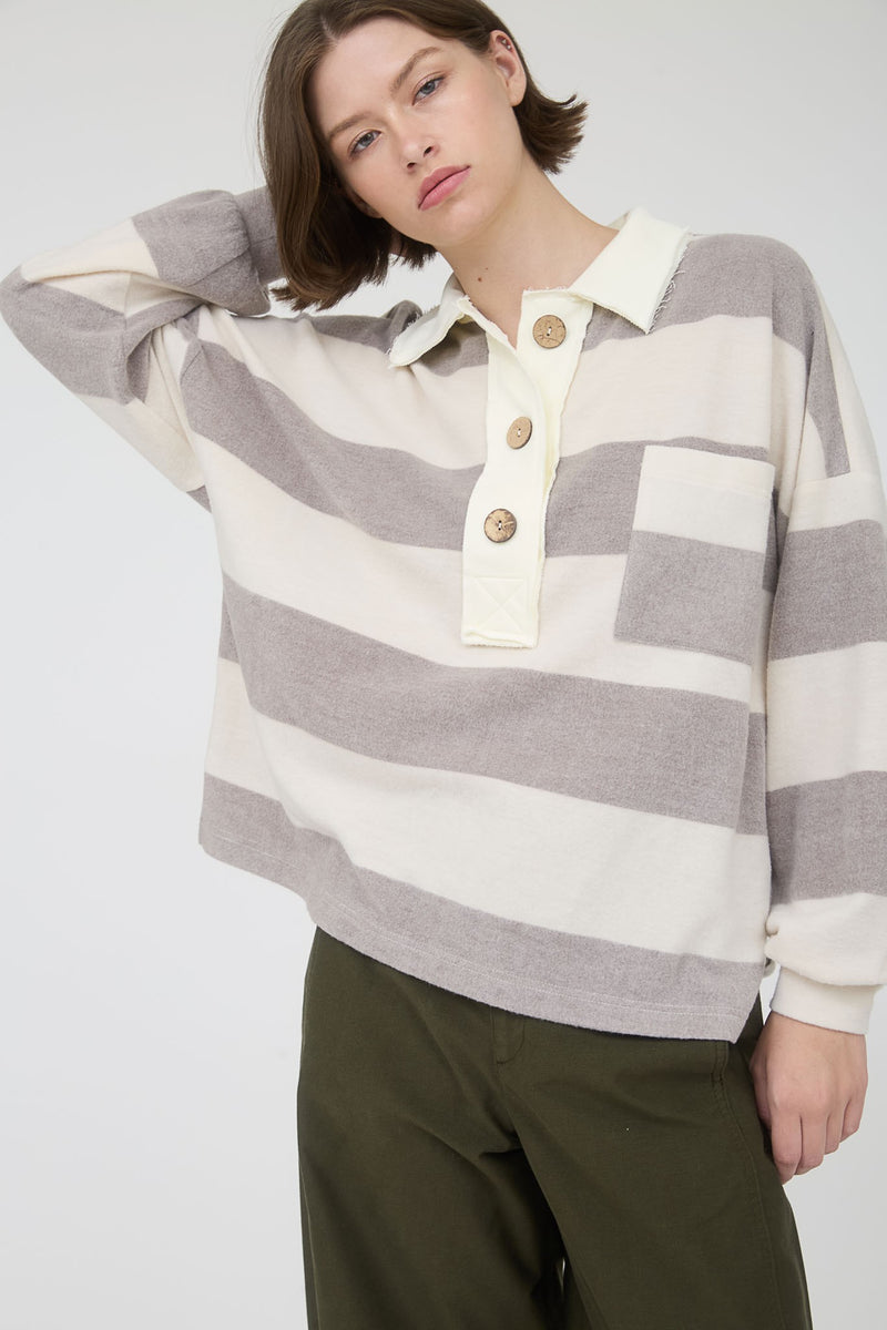 Washed Stripe Contrast Collar Long Sleeve Knit Top in Charcoal