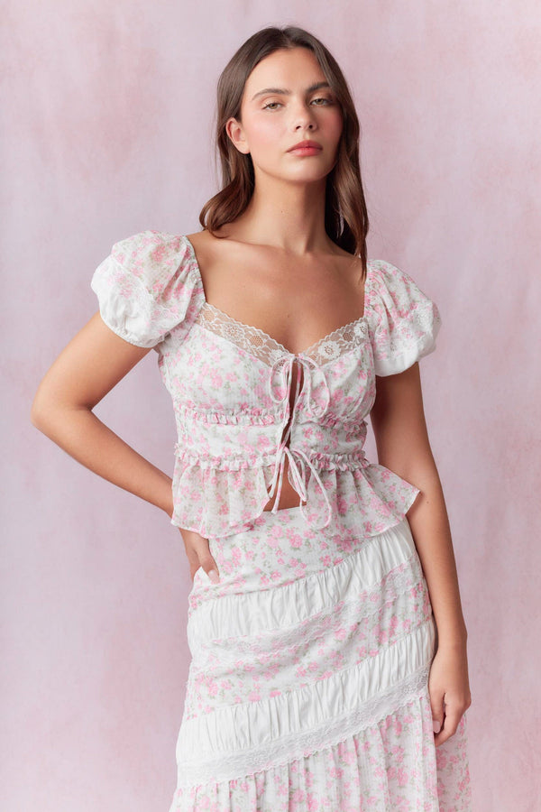 Lace With Front Tie Detail Short Puff Sleeve Top