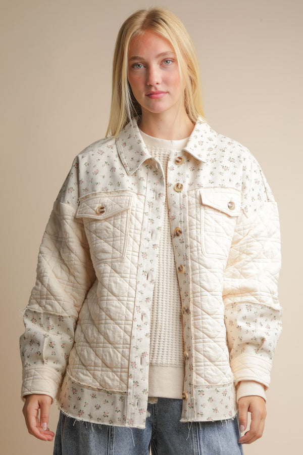 Oversized Floral Printed Contrast Cotton Jacket in Cream