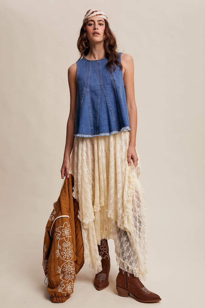 RESTOCK - Denim Flare Peplum Top in Medium Wash