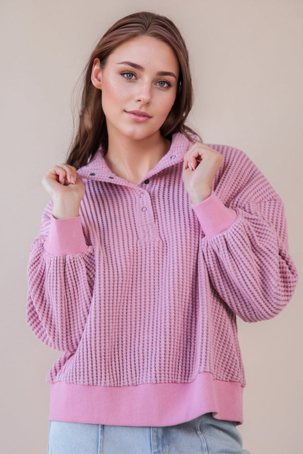 Oversized Half Button Down Casual Waffle Knit Top in Pink