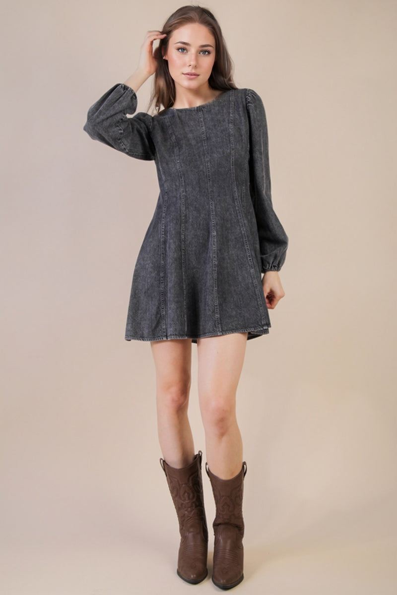 Mineral Washed Denim Seam Detail Mini Dress in Grey