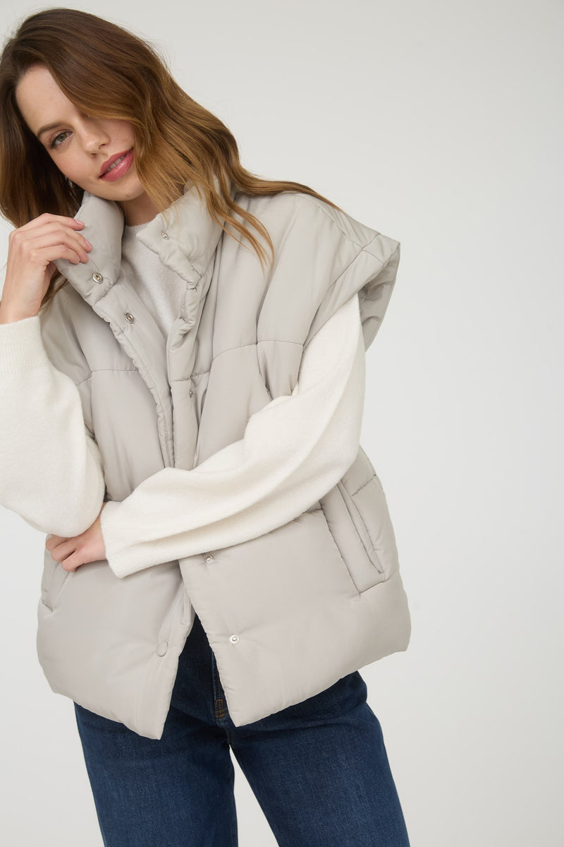 Oversized Snap Button Puffer Vest in Cement