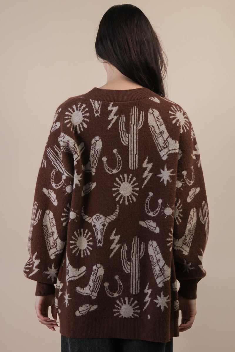 Oversized Western Graphic Knit Sweater Cardigan in Chocolate
