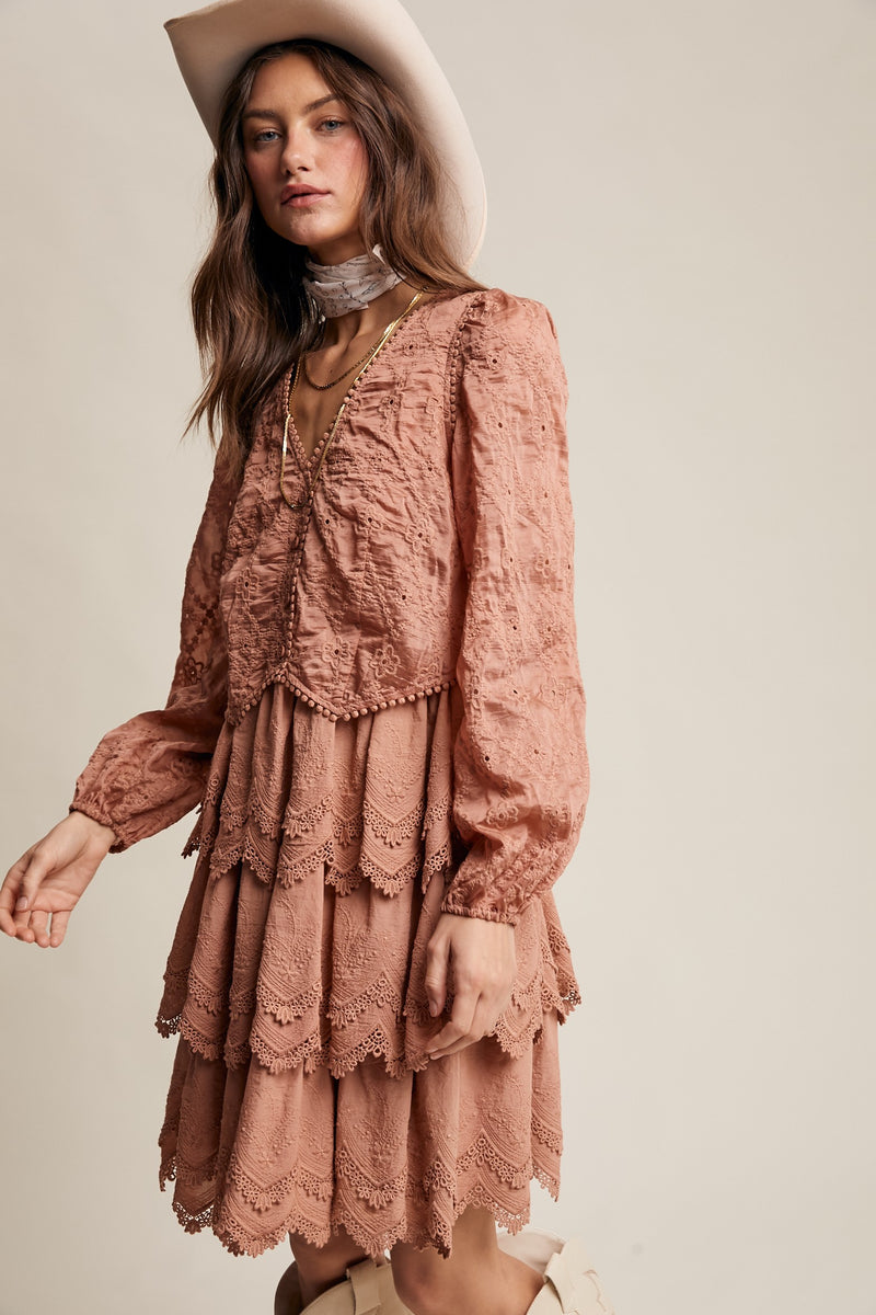 Tiered Scallop Embroidered Mini Dress in Terracotta