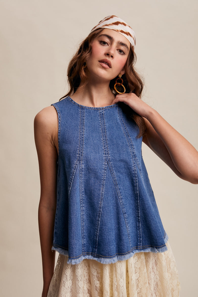 RESTOCK - Denim Flare Peplum Top in Medium Wash
