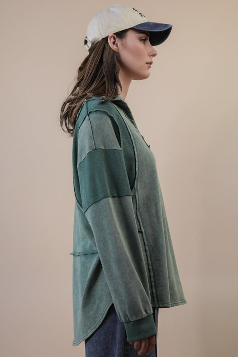 Mineral Washed Oversized French Terry Knit Top in Sage