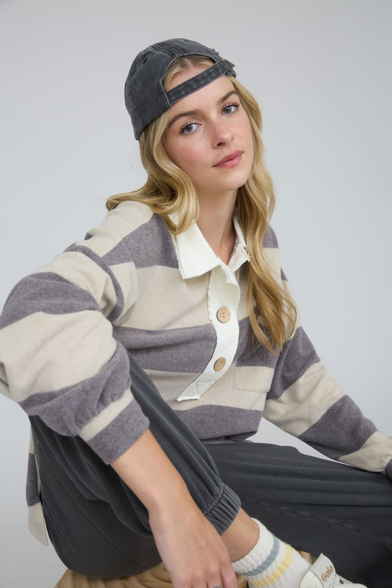 Washed Stripe Contrast Collar Long Sleeve Knit Top in Taupe