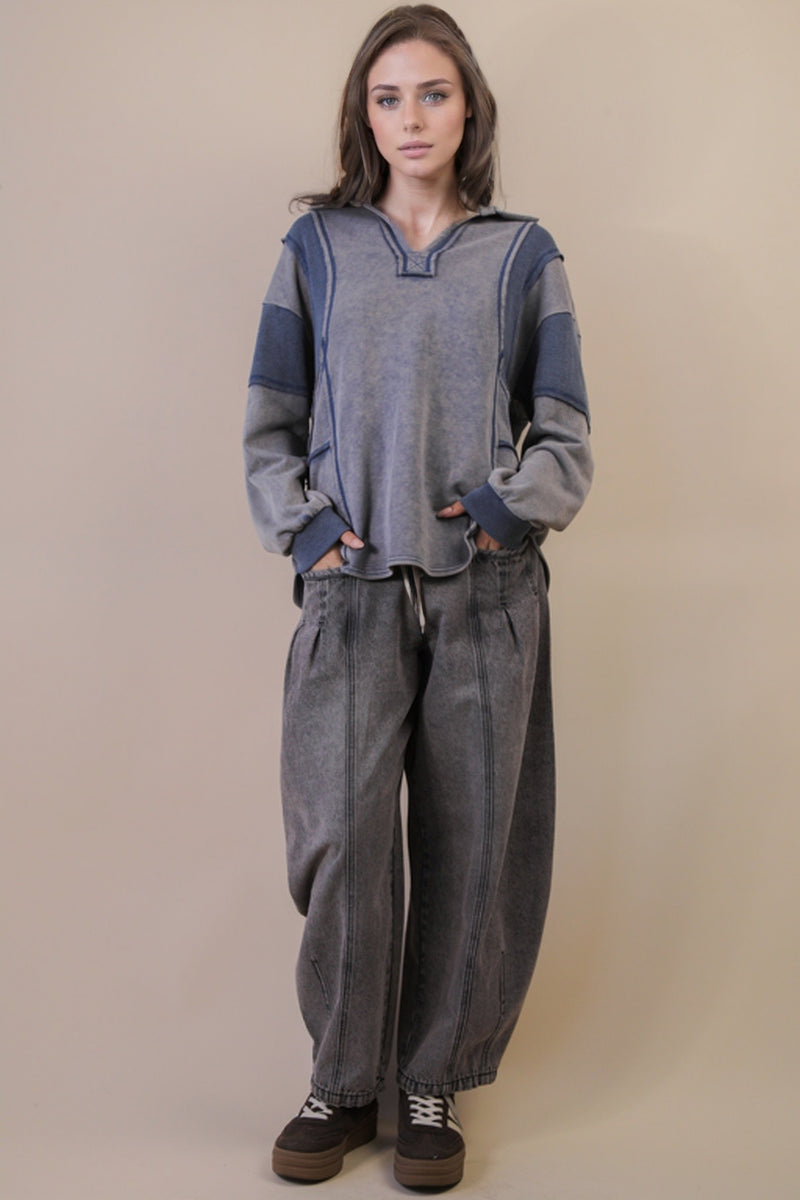 Mineral Washed Oversized French Terry Knit Top in Denim