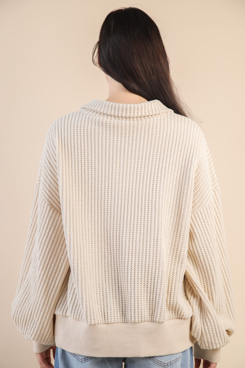 Oversized Half Button Down Casual Waffle Knit Top in Cream