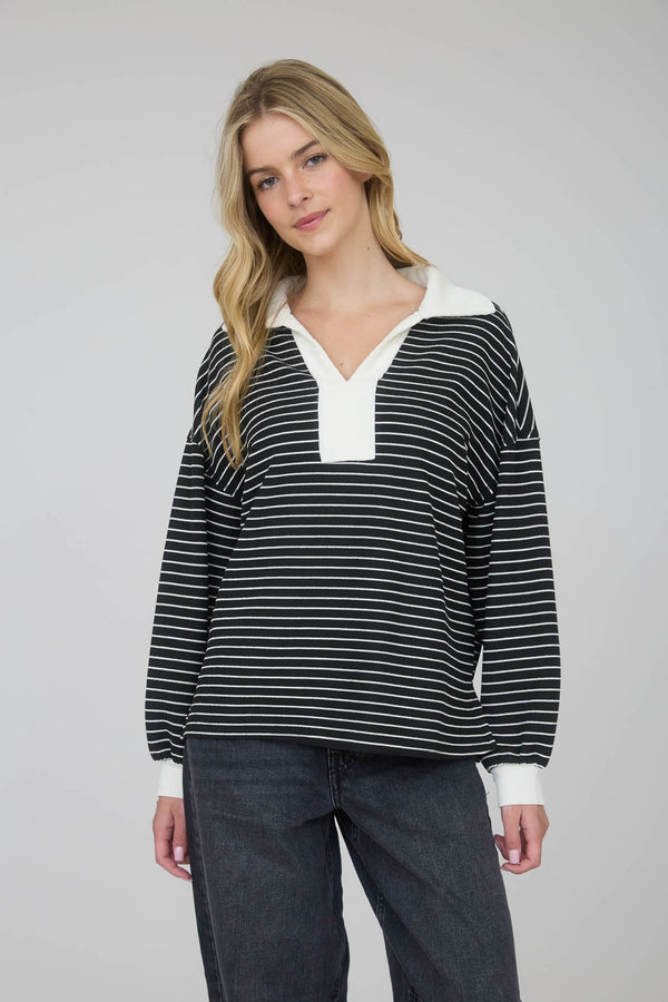 Contrast Collar Stripe Long Sleeve Knit Top in Black