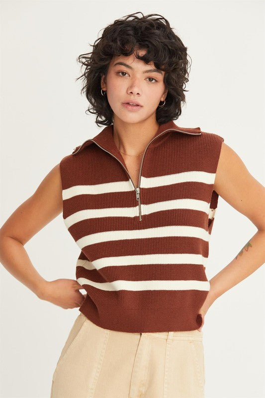 Striped Half Zip Sleeveless Sweater in Chestnut/Cream