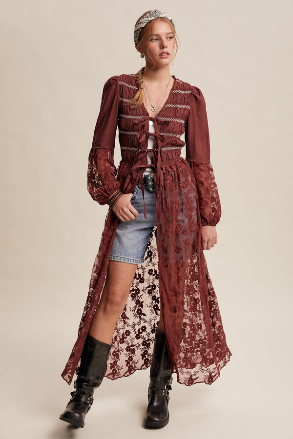 Lace-up Embroidered Maxi Kimono