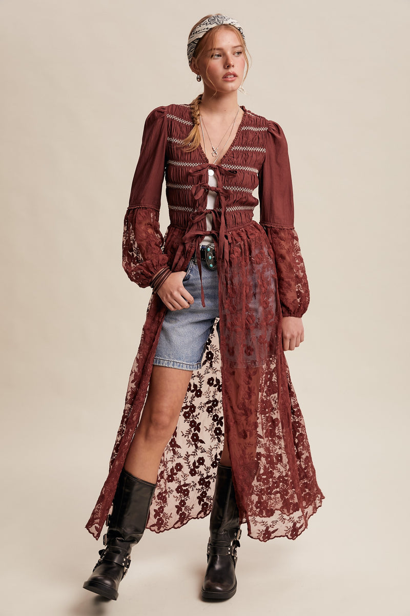 Lace-up Embroidered Maxi Kimono