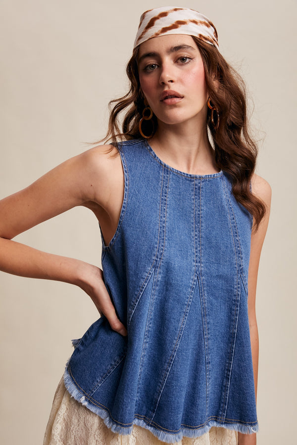 RESTOCK - Denim Flare Peplum Top in Medium Wash
