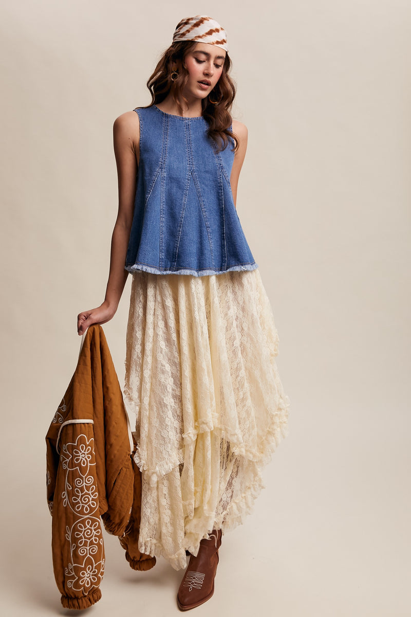 RESTOCK - Denim Flare Peplum Top in Medium Wash