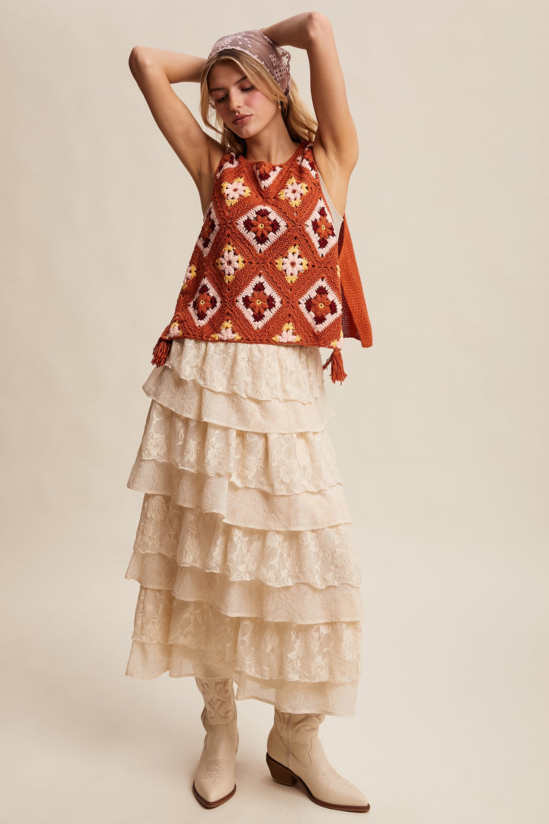Crochet Granny Square Tassel Tie Vest in Rust