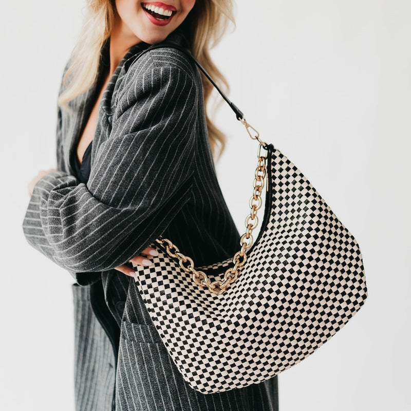 Sienna Slouchy Woven Shoulder Bag - Black Checkered (Pretty Simple Bags)