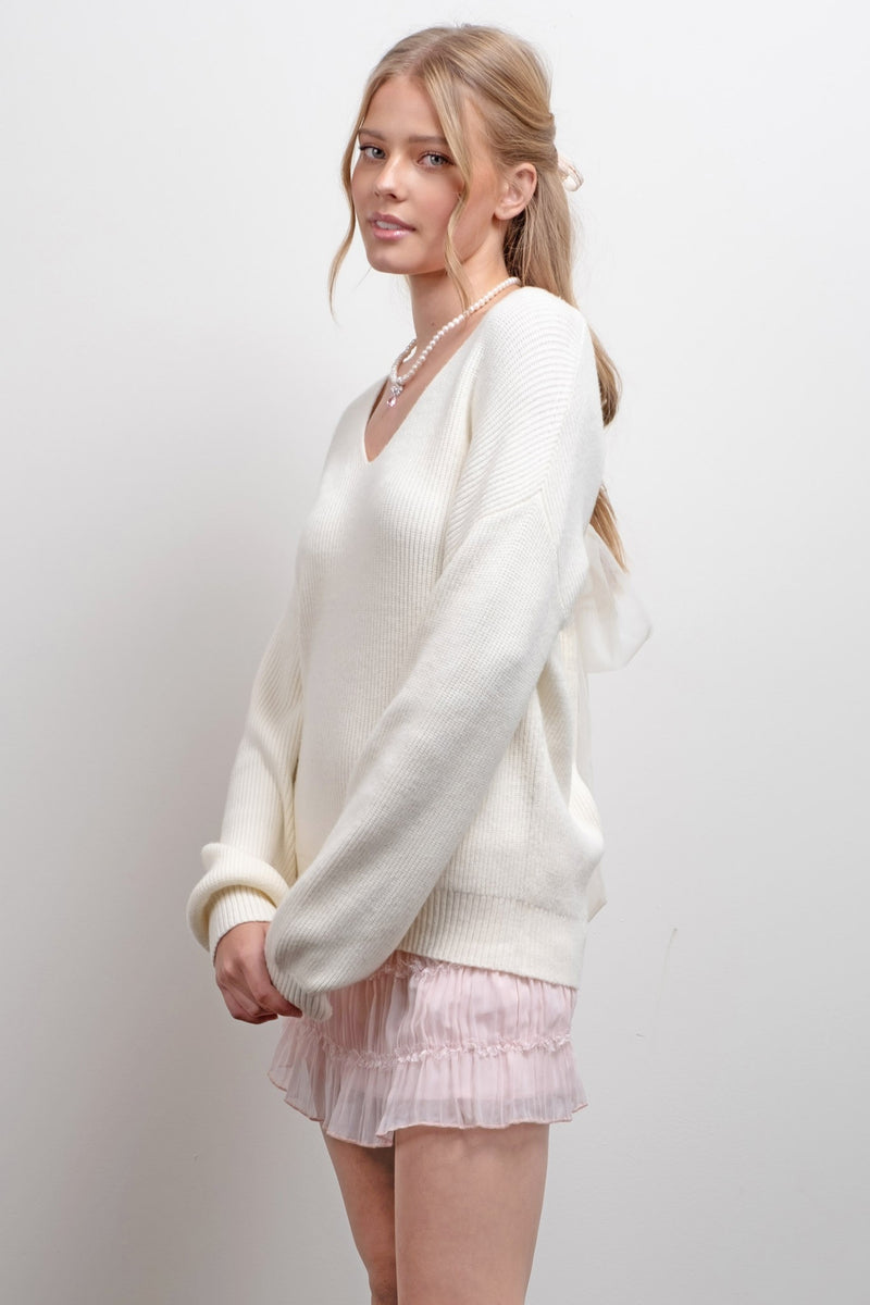 V Neck Drop Shoulder Back Bow Tie Detail Sweater in Cream