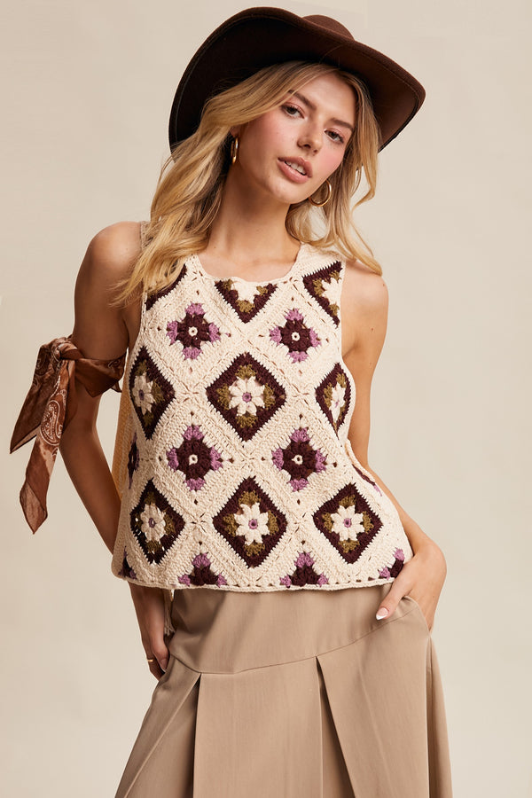 Crochet Granny Square Tassel Tie Vest in Ecru