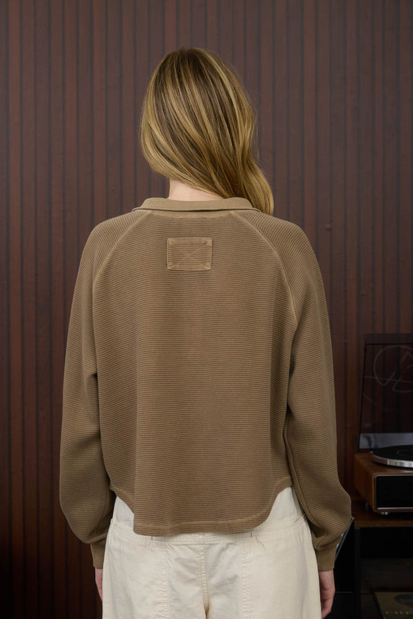 Mock Neck Half Snap Button Long Sleeve Knit Op in Brown