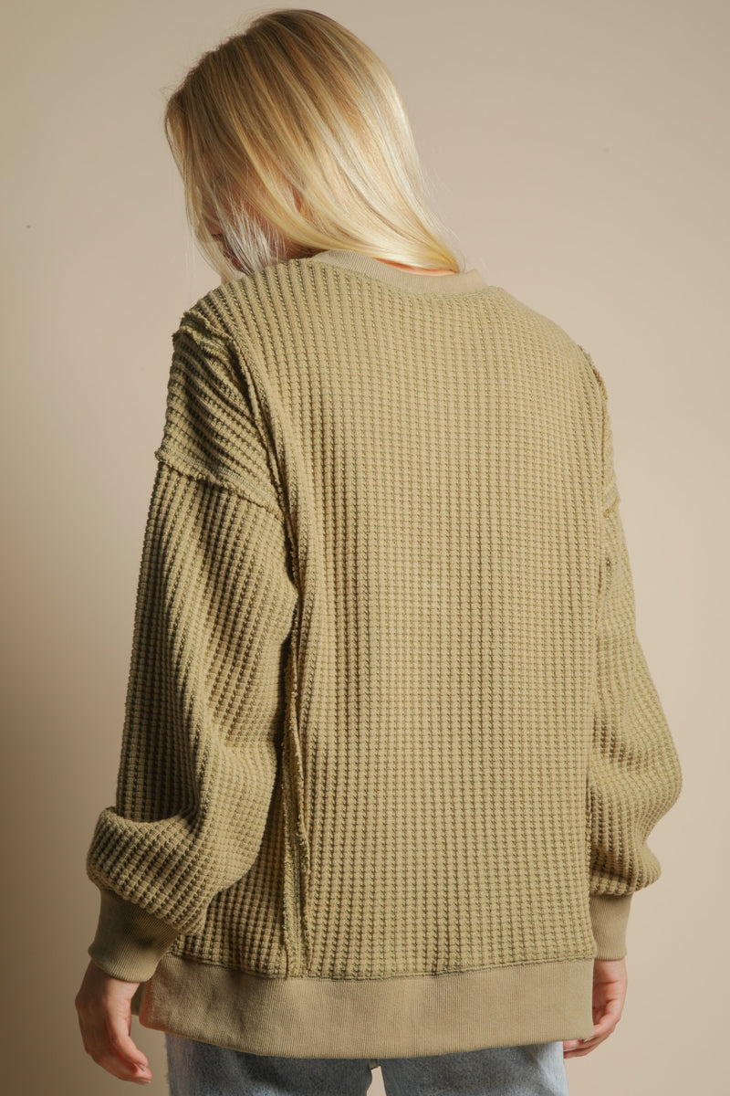 Oversized Waffle Knit Casual Top in Olive
