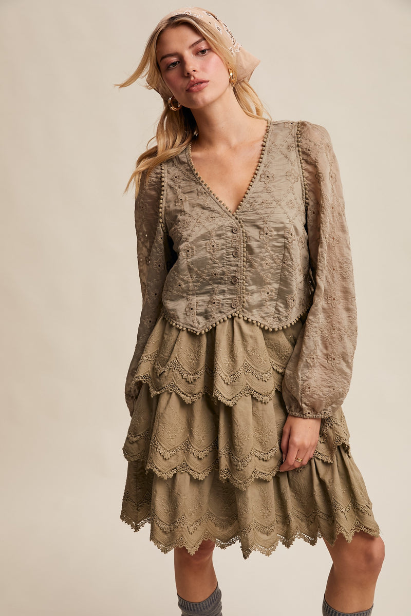 Tiered Scallop Embroidered Mini Dress in Olive
