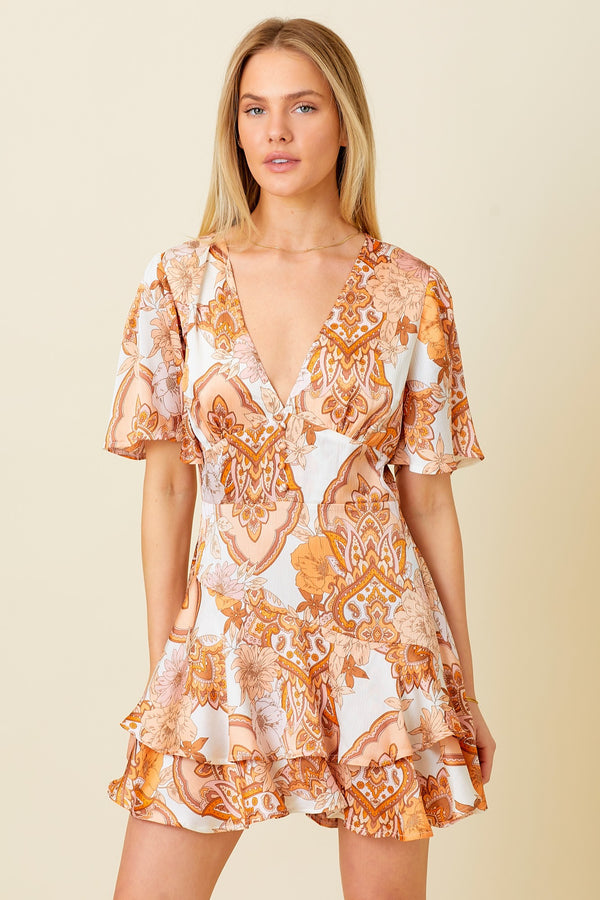 Deep V-neck Printed Romper