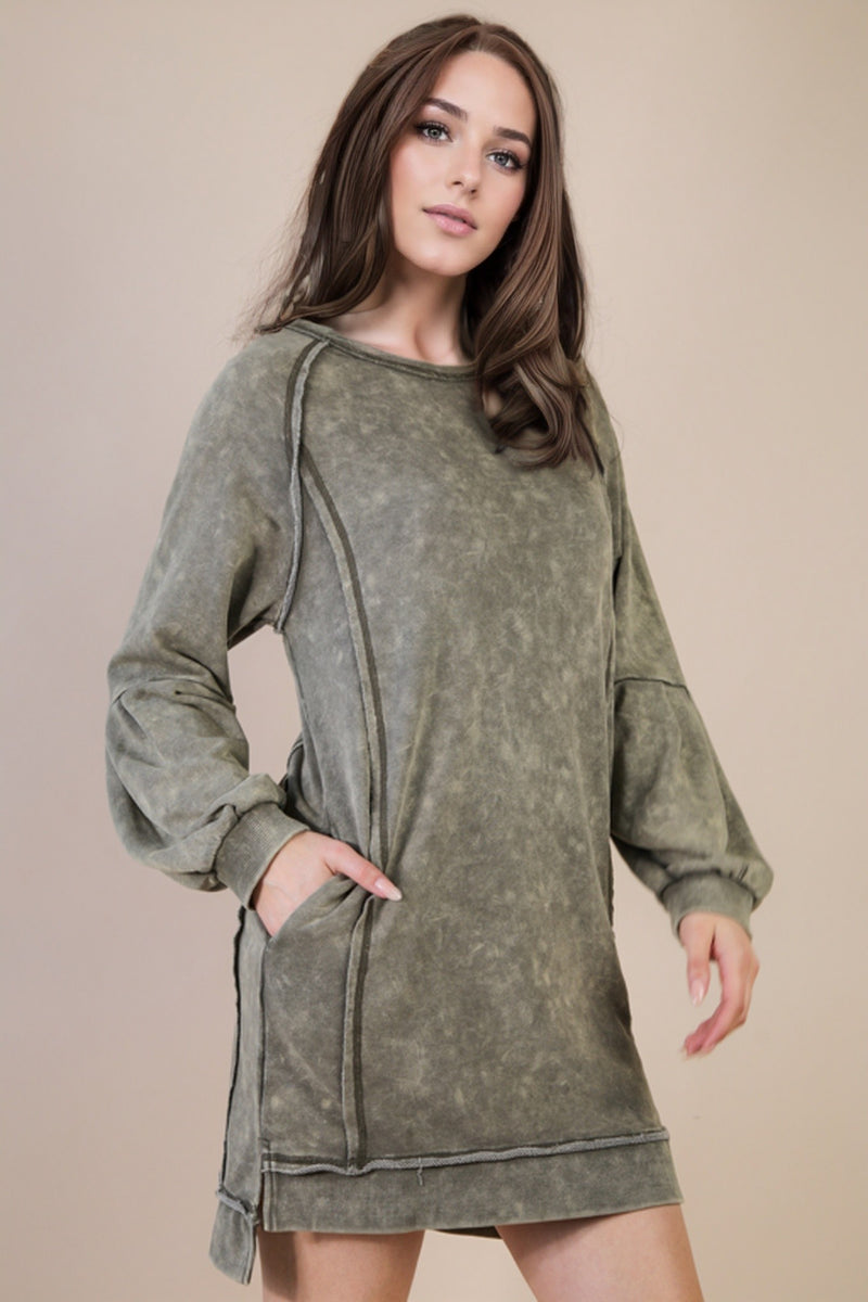 Mineral Washed Raglan Sleeve Casual Mini Dress