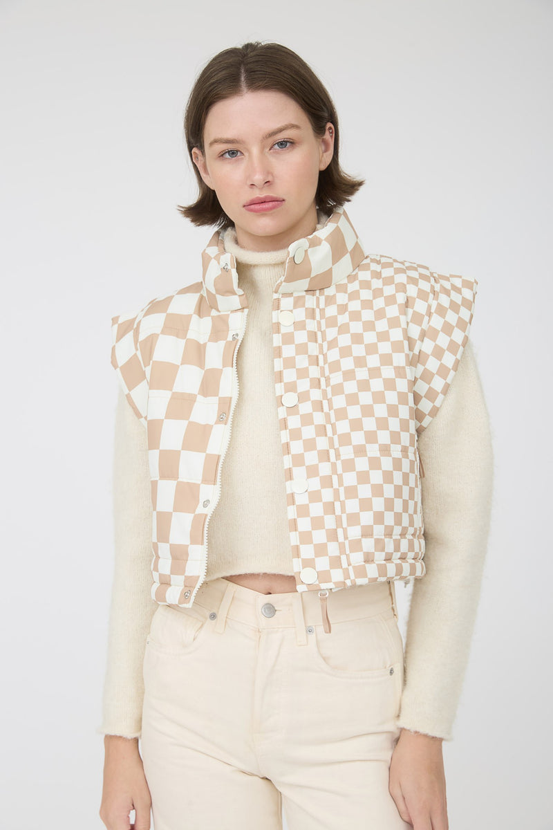 Checkered Cropped Zip-up Puffer Vest in Beige