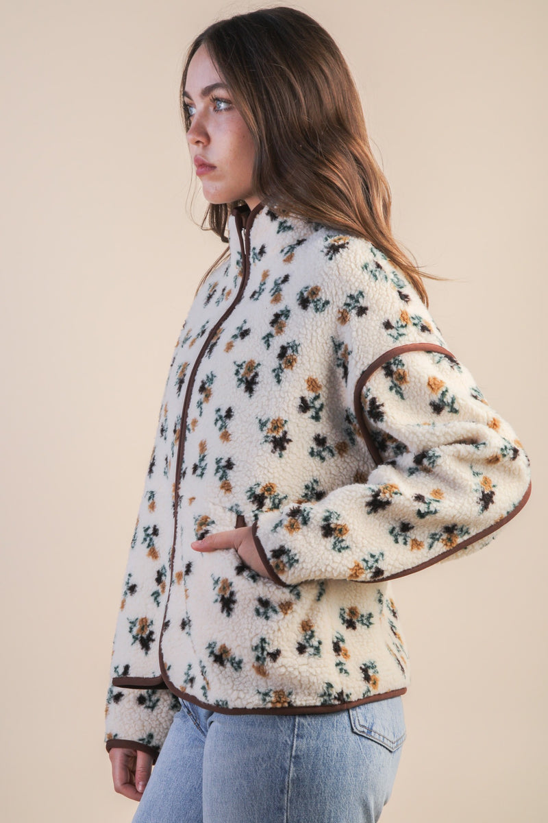Oversized Floral Printed Fleece Sherpa Jacket