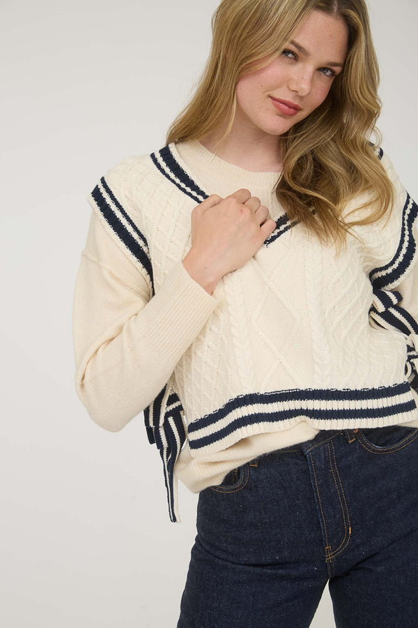 Contrast Line Trim Side Tie Knit Sweater Vest in Cream