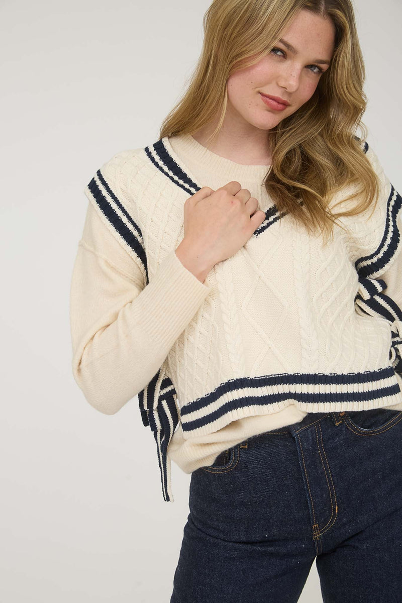 Contrast Line Trim Side Tie Knit Sweater Vest in Cream
