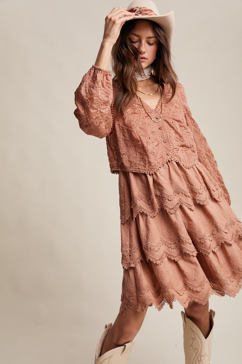 Tiered Scallop Embroidered Mini Dress in Terracotta