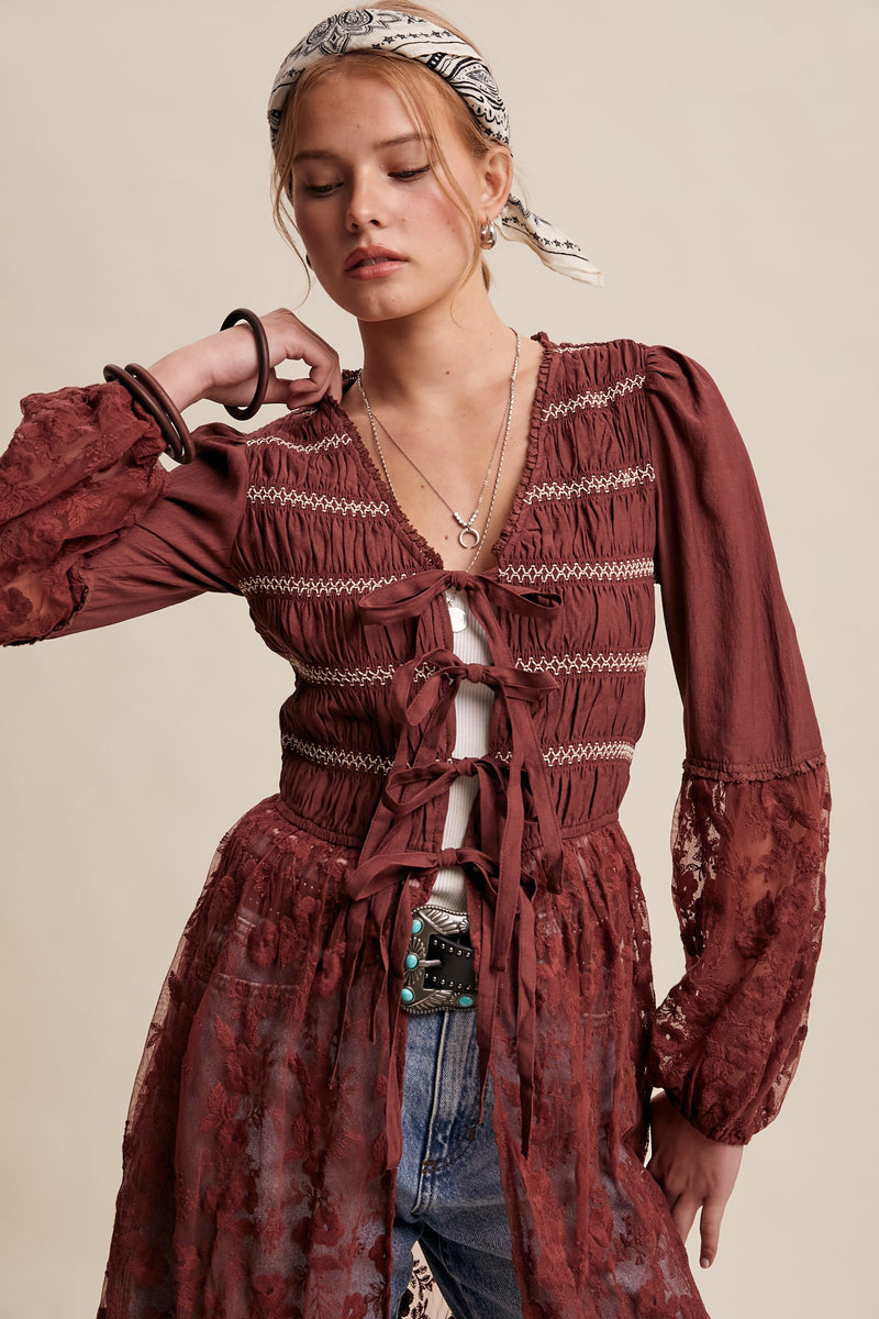 Lace-up Embroidered Maxi Kimono