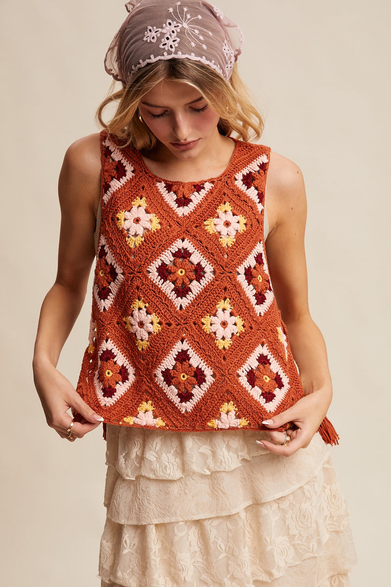 Crochet Granny Square Tassel Tie Vest in Rust