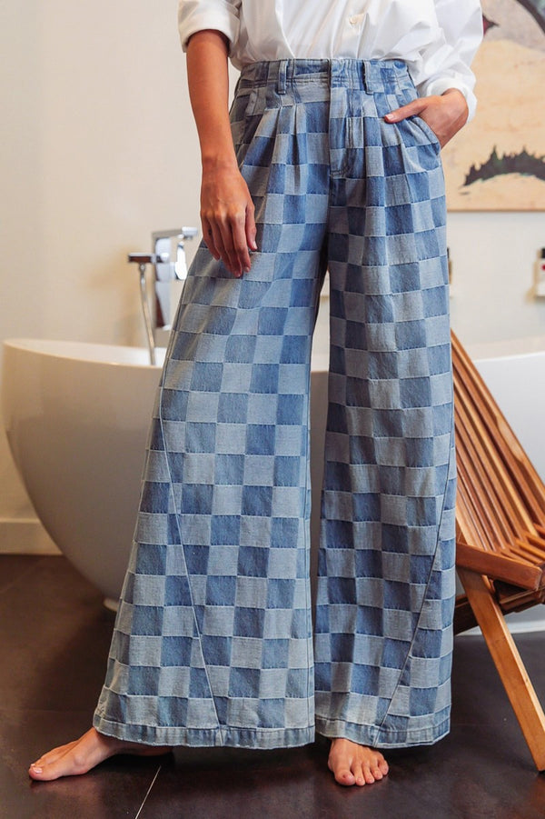 Washed Two Tone Checker Wide Pants (Available S-XL