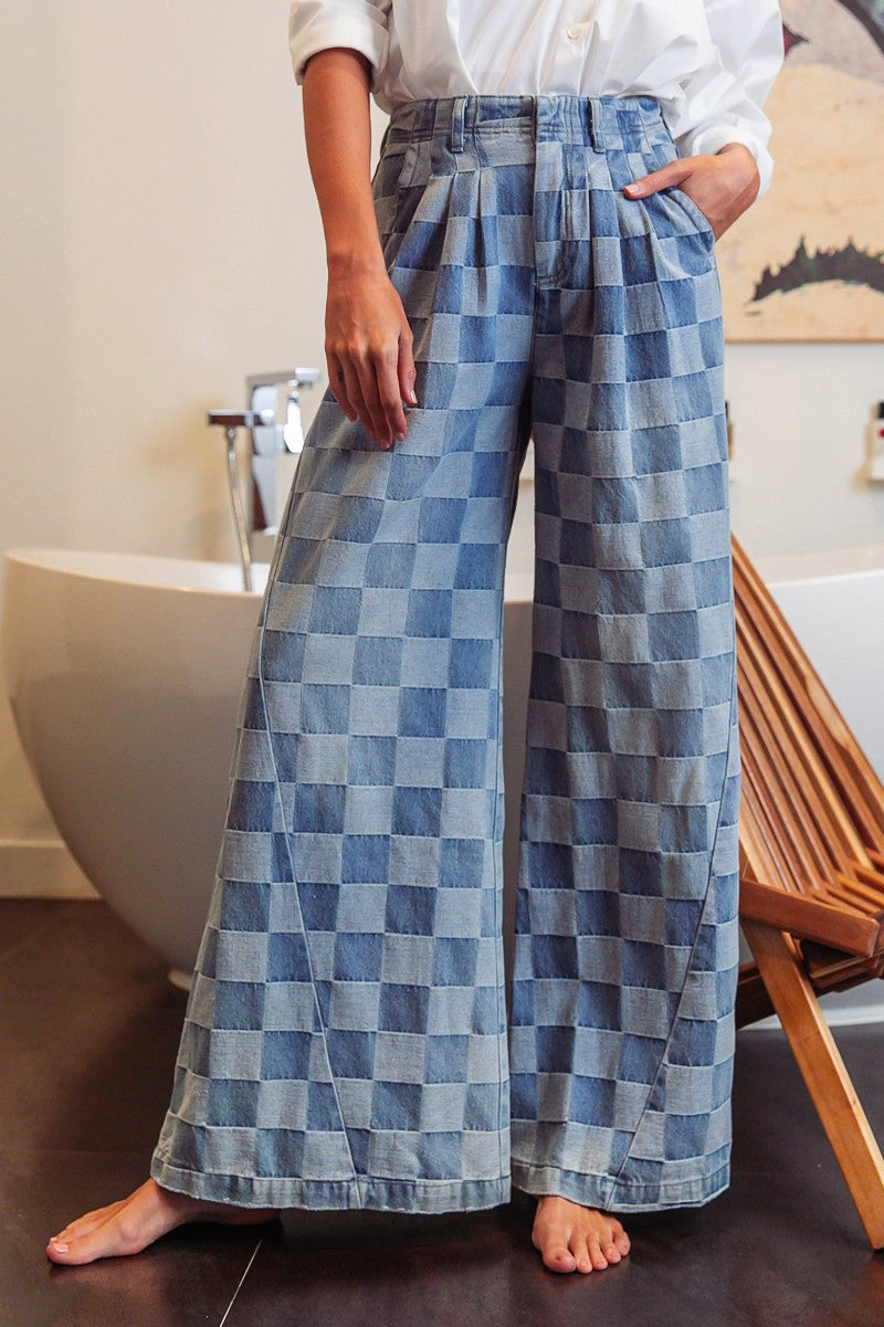 Washed Two Tone Checker Wide Pants (Available S-XL)