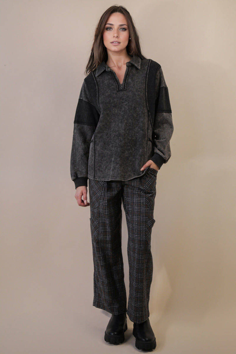 Mineral Washed Oversized French Terry Knit Top in Black