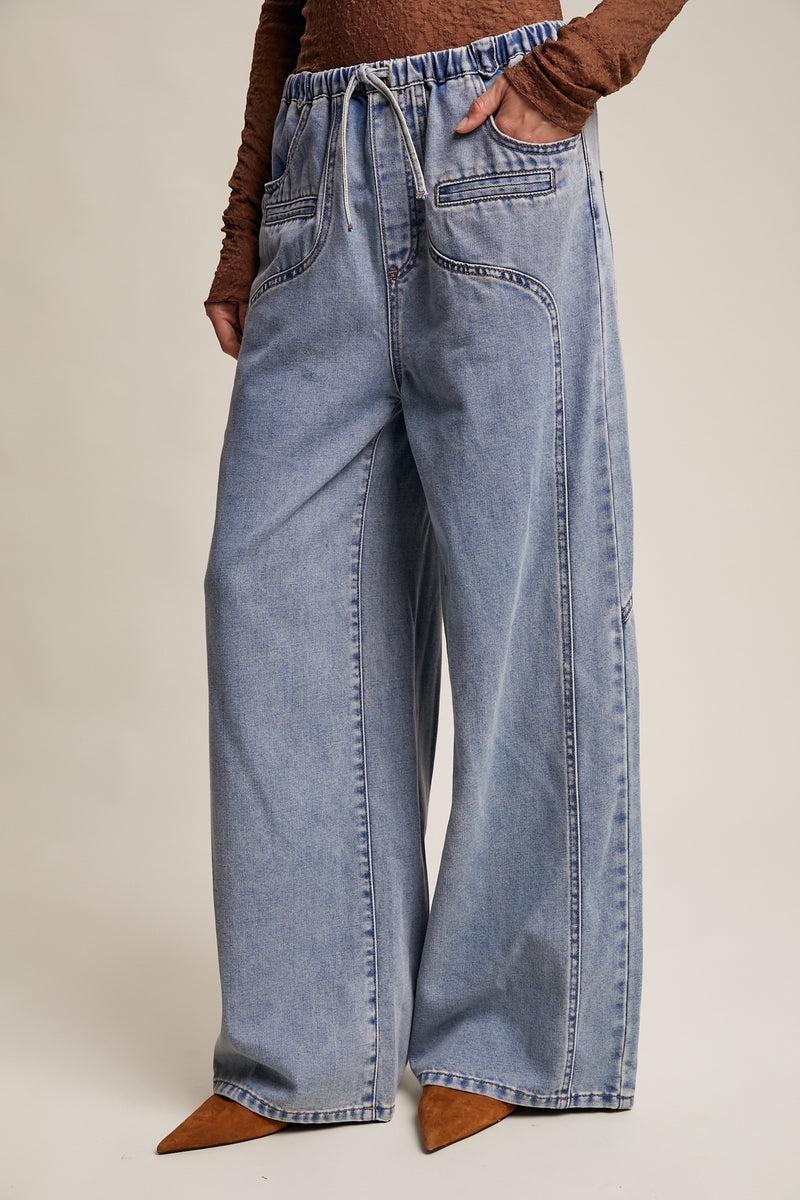Wide Leg Denim Drawstring Pants