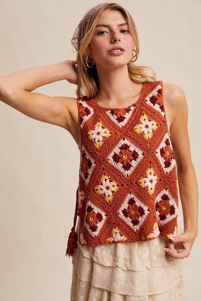 Crochet Granny Square Tassel Tie Vest in Rust